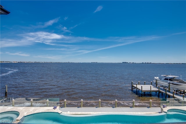 view of pool featuring a water view and a boat dock