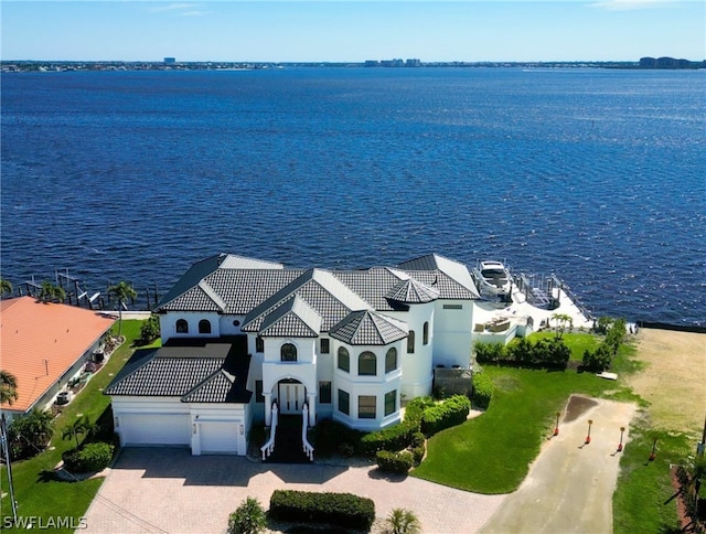 aerial view featuring a water view