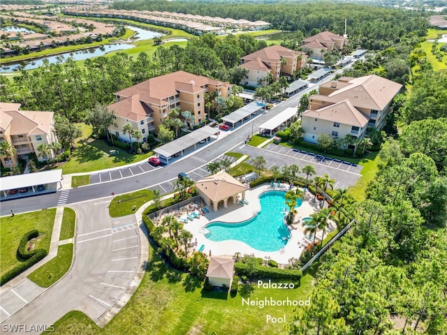 aerial view featuring a water view