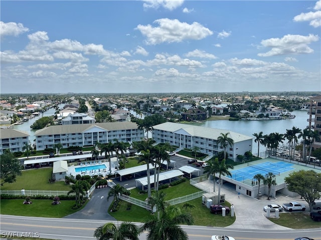 bird's eye view with a water view