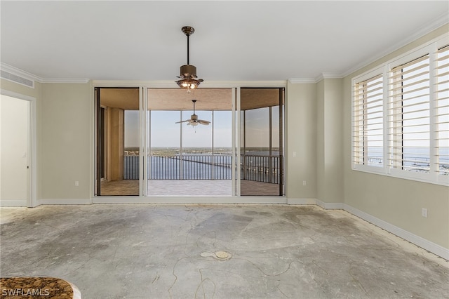 unfurnished room featuring ornamental molding and ceiling fan