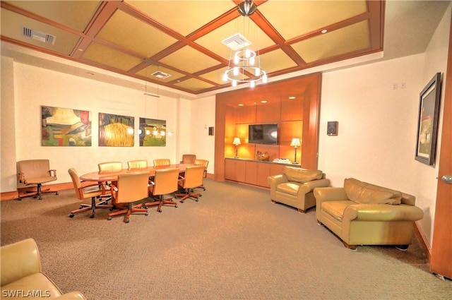 living room featuring an inviting chandelier, carpet flooring, and coffered ceiling