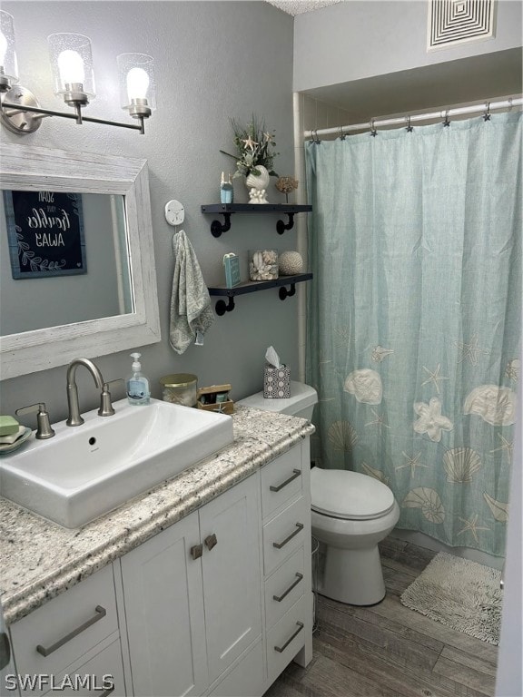 bathroom with vanity, wood-type flooring, and toilet