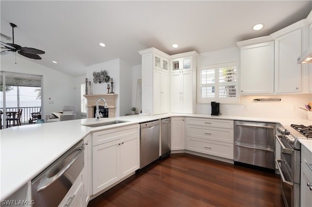 kitchen featuring sink, white cabinets, ceiling fan, stainless steel appliances, and dark wood-type flooring