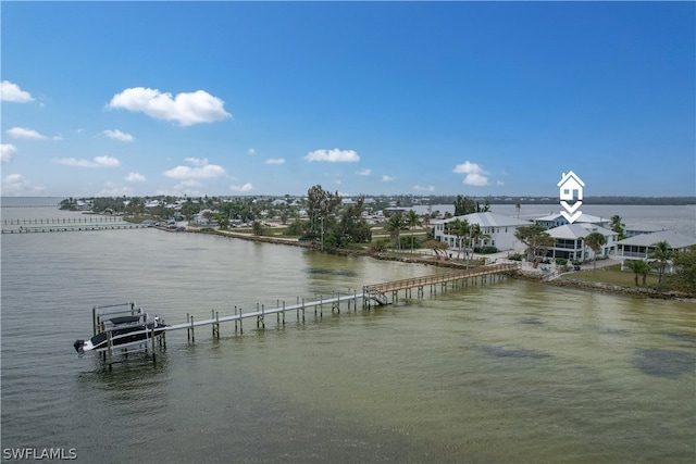 view of water feature with a dock