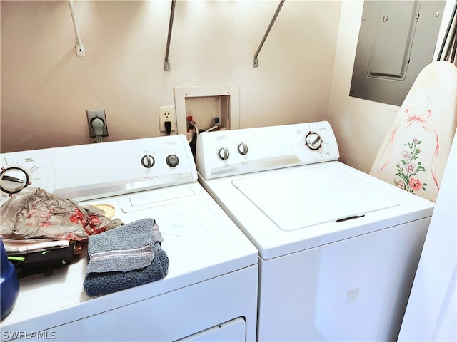 laundry area with electric panel and washing machine and dryer