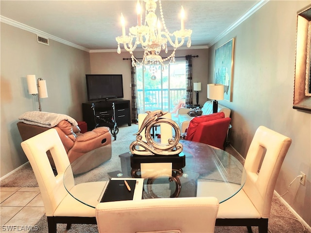 dining room with ornamental molding, a chandelier, and light tile patterned floors