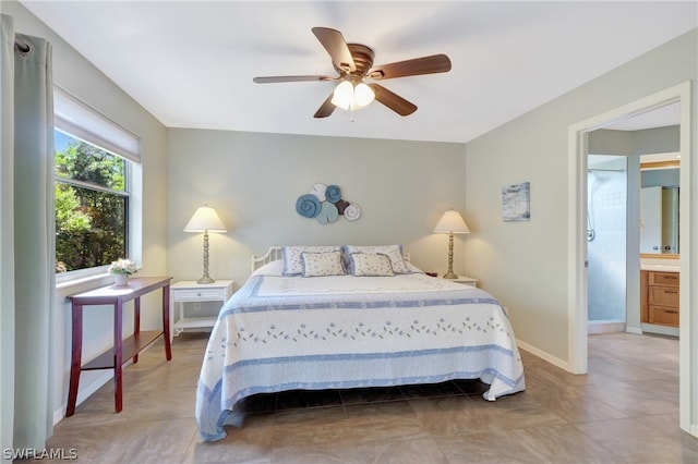 bedroom with connected bathroom and ceiling fan