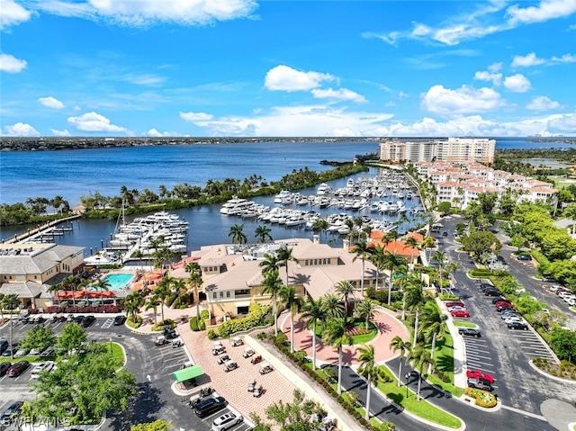 birds eye view of property with a water view