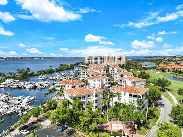 drone / aerial view featuring a water view