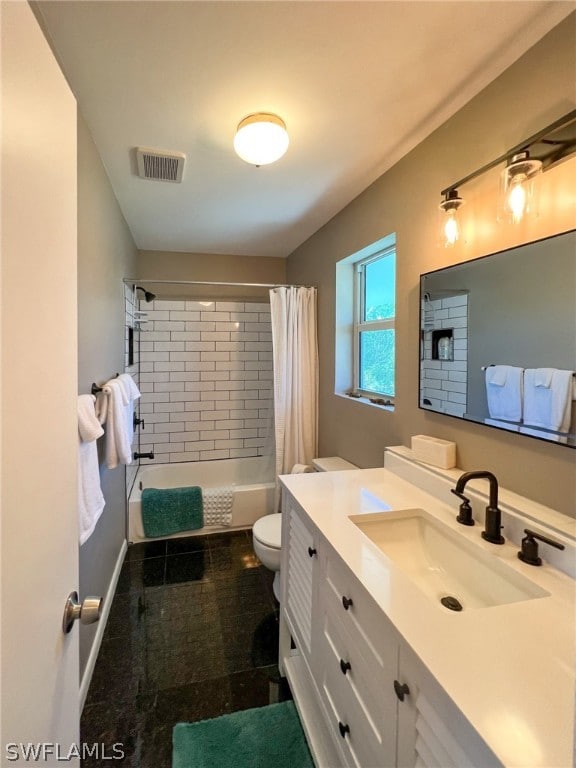 full bathroom featuring tile floors, oversized vanity, toilet, and shower / bathtub combination with curtain