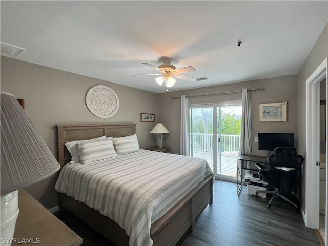 bedroom featuring dark hardwood / wood-style flooring, access to exterior, and ceiling fan