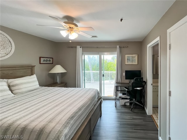 bedroom with ceiling fan, access to outside, and dark hardwood / wood-style floors