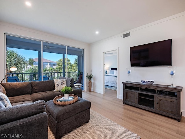 living room featuring light hardwood / wood-style floors and crown molding