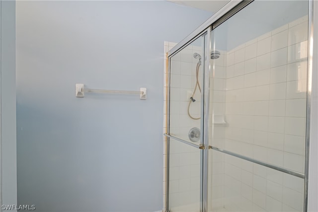 bathroom with a shower with shower door