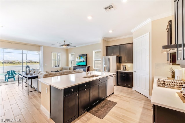 kitchen with ceiling fan, appliances with stainless steel finishes, sink, light hardwood / wood-style floors, and a kitchen island with sink