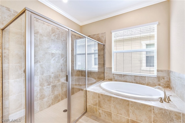 bathroom featuring ornamental molding, separate shower and tub, and tile floors