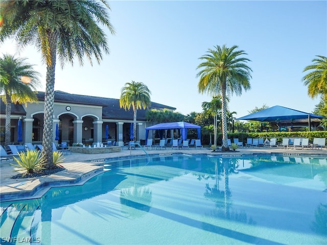 view of swimming pool with a patio