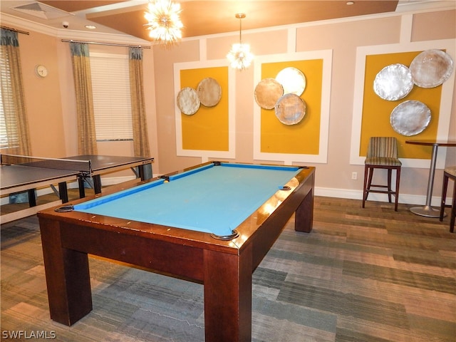 rec room with dark hardwood / wood-style floors, billiards, and crown molding