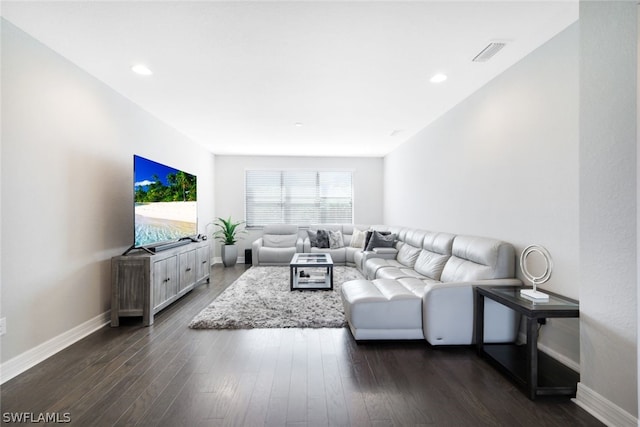 living room featuring a healthy amount of sunlight and dark hardwood / wood-style floors