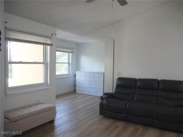 living room with hardwood / wood-style floors and ceiling fan