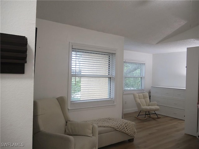 living area with a textured ceiling and wood finished floors