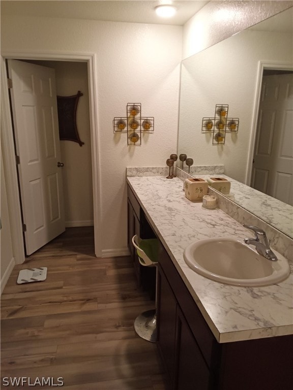 bathroom with vanity and hardwood / wood-style flooring