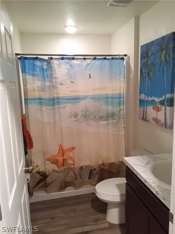 bathroom featuring toilet, vanity, and hardwood / wood-style flooring