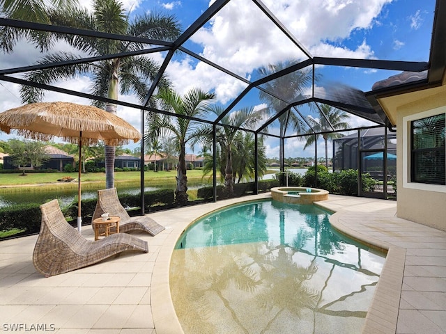 view of swimming pool with glass enclosure, an in ground hot tub, a water view, and a patio