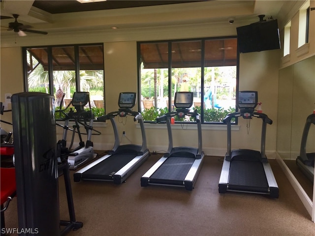 workout area with ceiling fan