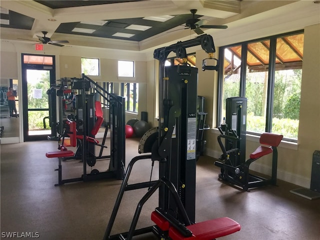 exercise room with ornamental molding, coffered ceiling, and ceiling fan