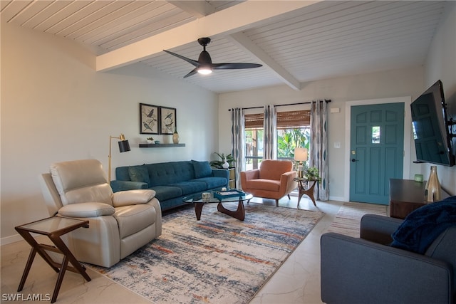 living room with light tile floors, ceiling fan, and beamed ceiling