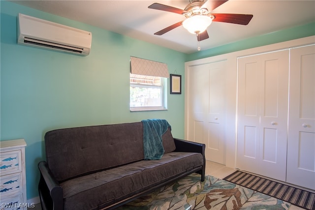 living room featuring a wall mounted AC and ceiling fan