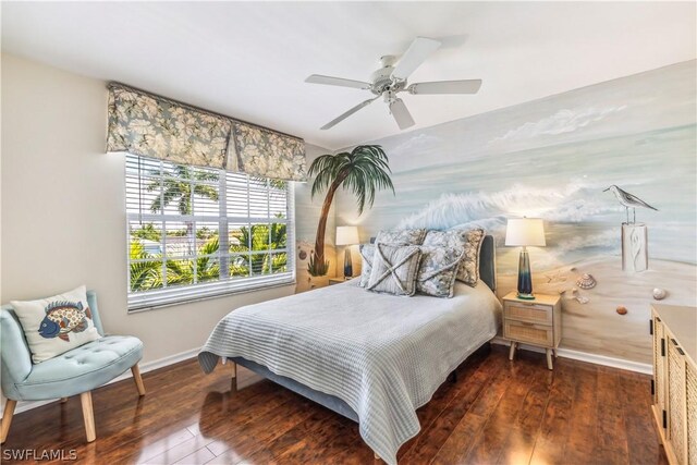 bedroom featuring dark hardwood / wood-style floors and ceiling fan