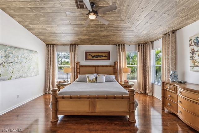 bedroom with wood ceiling, ceiling fan, and dark hardwood / wood-style flooring