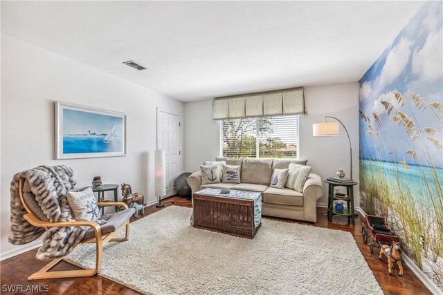 living room with dark wood-type flooring