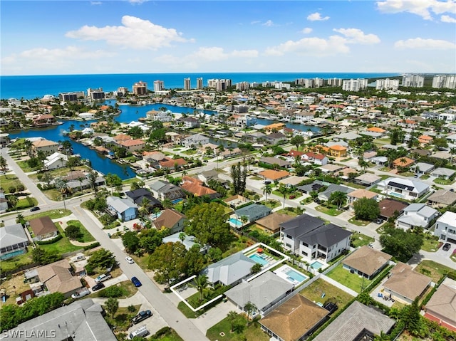 drone / aerial view featuring a water view