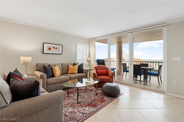 tiled living room with floor to ceiling windows and ornamental molding