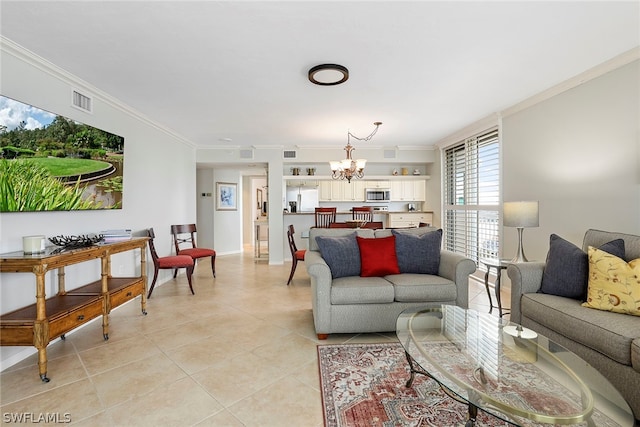 tiled living room featuring a notable chandelier and ornamental molding