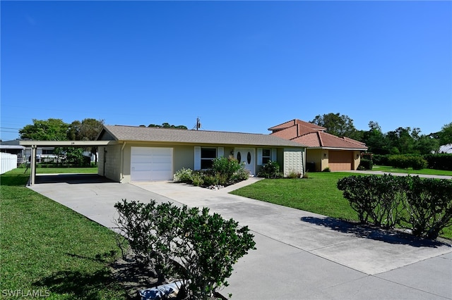 ranch-style home with a carport, a front lawn, and a garage