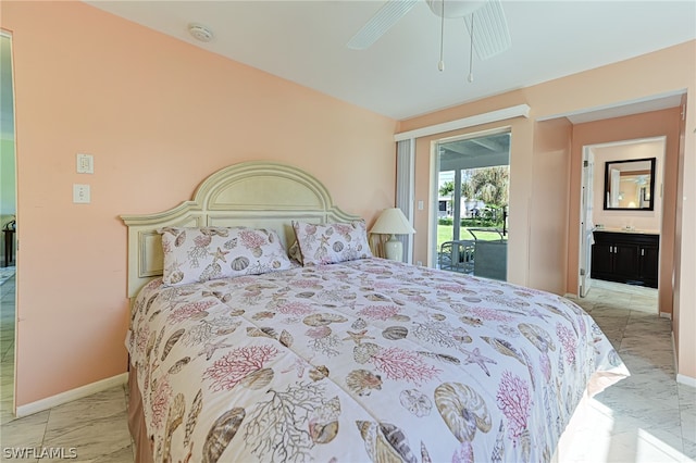 bedroom featuring ensuite bath, light tile flooring, access to exterior, and ceiling fan