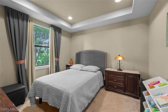 bedroom featuring multiple windows, a raised ceiling, and light colored carpet