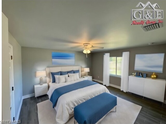 bedroom featuring dark wood-type flooring and ceiling fan