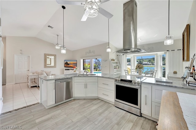 kitchen with white cabinets, appliances with stainless steel finishes, island range hood, and decorative light fixtures