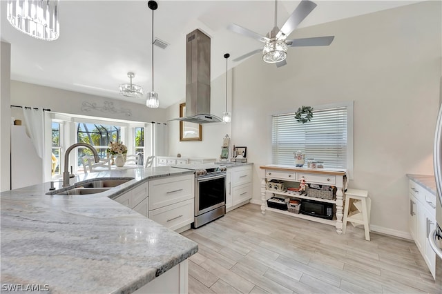 kitchen with white cabinets, sink, electric range, island range hood, and light stone counters