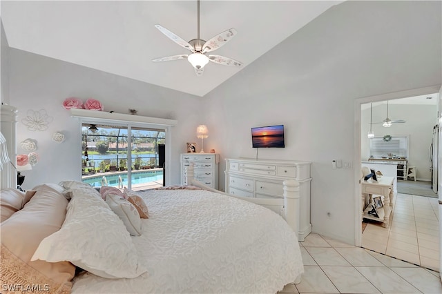 tiled bedroom with access to outside, ceiling fan, and high vaulted ceiling