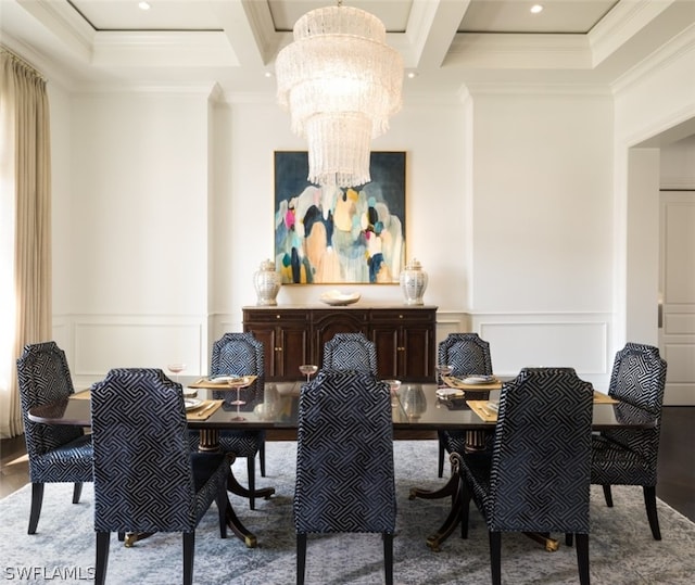 dining room featuring beam ceiling, ornamental molding, coffered ceiling, and an inviting chandelier