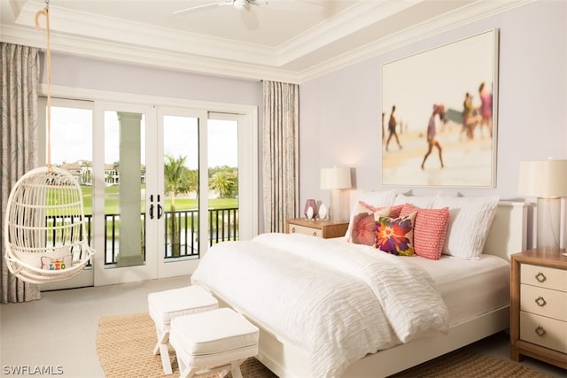 bedroom featuring french doors, crown molding, access to outside, ceiling fan, and carpet