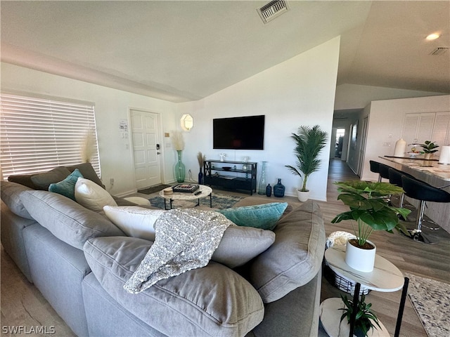 living room featuring lofted ceiling and hardwood / wood-style flooring