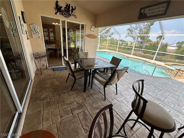 exterior space with vaulted ceiling and a pool